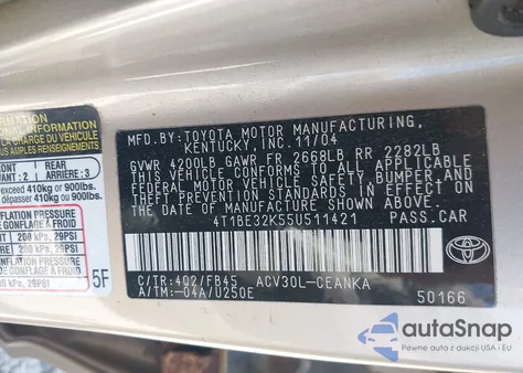 2005 Toyota Camry Le из США, поврежденный, VIN 4T1BE32K55U511421